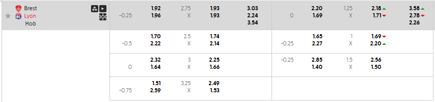 Tỷ lệ kèo Stade Brestois 29 vs Lyon