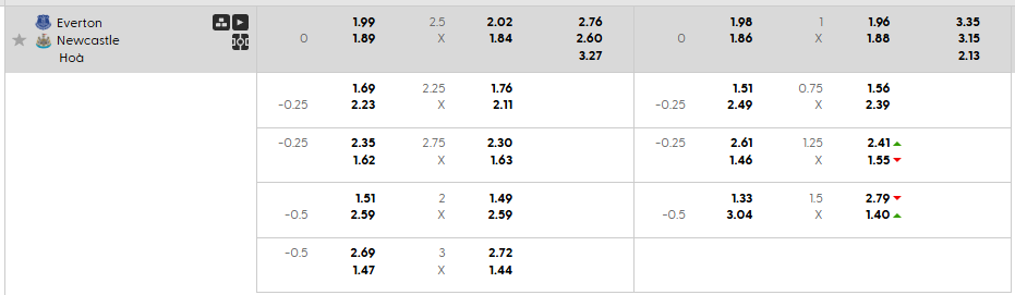 Tỷ lệ kèo Everton vs Newcastle