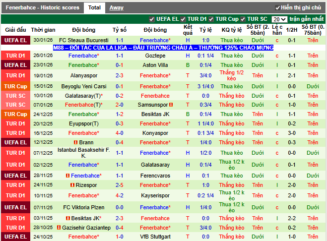 Phong độ gần đây Fenerbahce