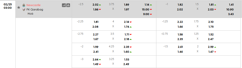 Tỷ lệ kèo Newcastle vs Qarabag