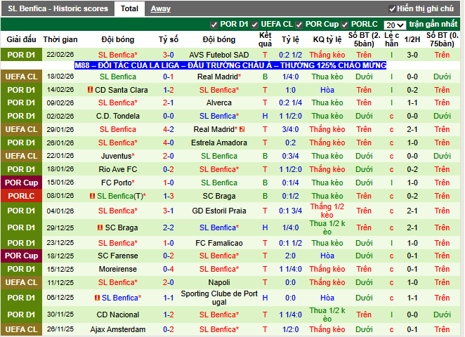Phong độ gần đây Benfica