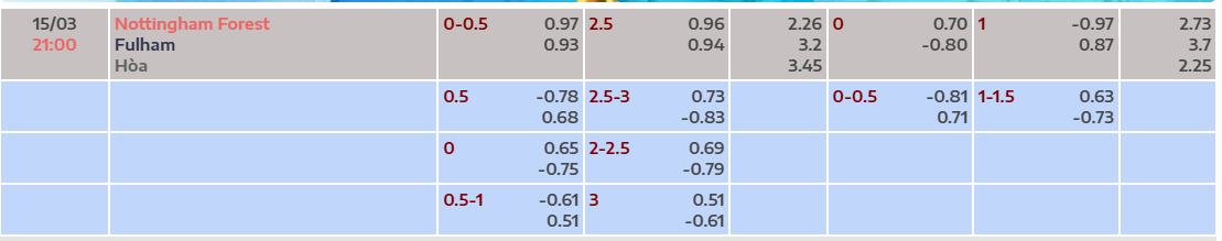 Tỷ lệ kèo Nottingham vs Fulham
