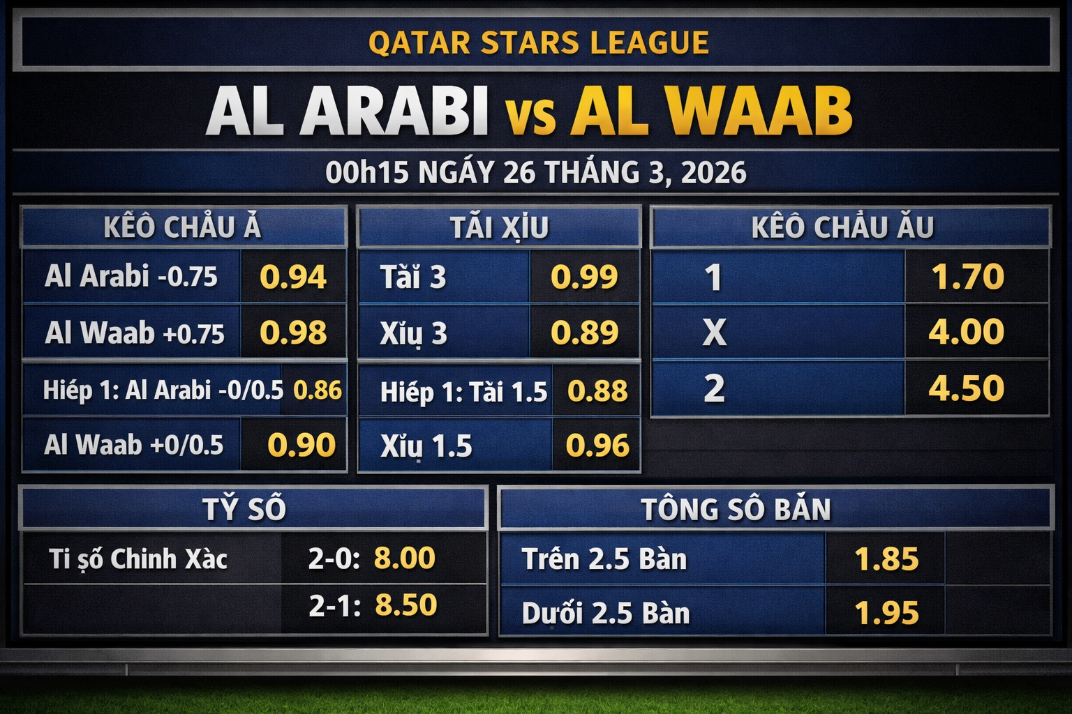 Tỷ lệ kèo Al-Arabi vs Al Waab