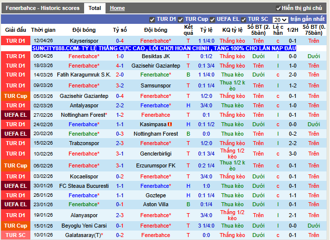 Phong độ gần đây Fenerbahce