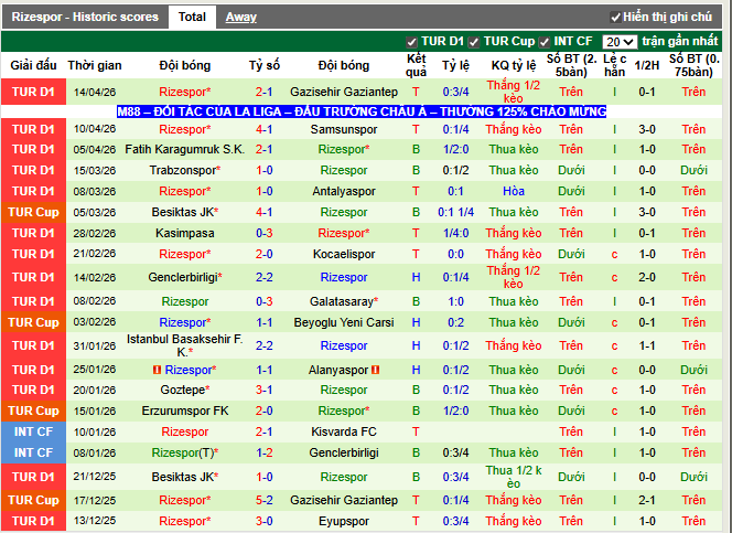 Phong độ gần đây Rizespor