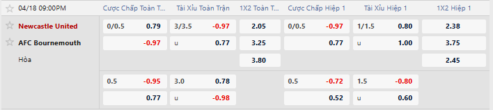 Tỷ lệ kèo Newcastle vs Bournemouth