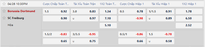 Tỷ lệ kèo Dortmund vs Freiburg